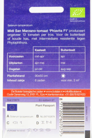 Seed packet for Midi San Marzano tomato 'Phiiavita F1' showing approx. 12 tomatoes per bunch, resistance to Phytophthora, sowing and planting times, EU organic logo and barcode.