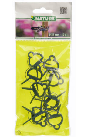 Pack of Nature plant ties in a yellow bag, small black plastic clips for securing stems to supports.